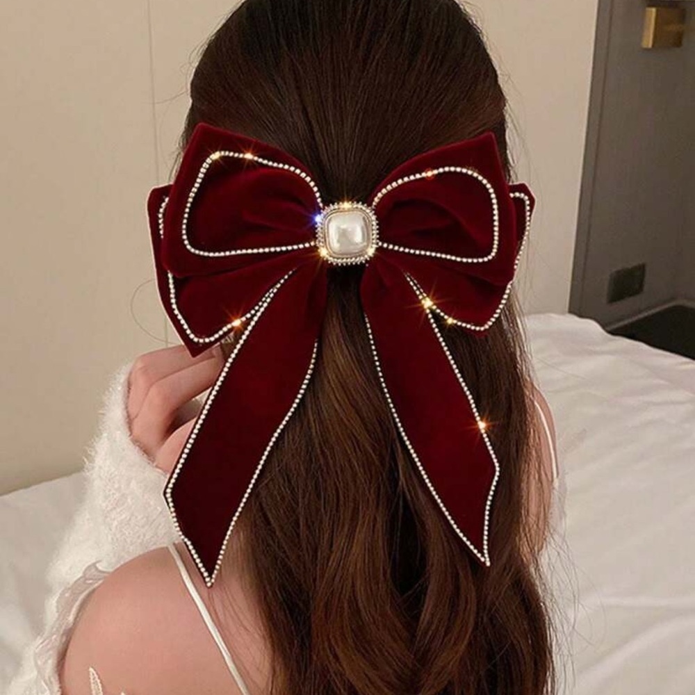 1pc Plush Bow Hair Clip With Rhinestone & Faux Pearl Decor Elegant Christmas